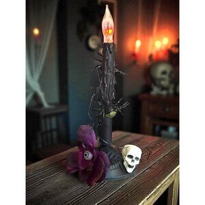 Vtg Upcycled Halloween Candle Window Light Electric flicker bulb Skull Spider Ro